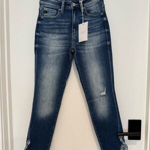 KanCan Blue Ankle Cropped Jeans with Distressed Details